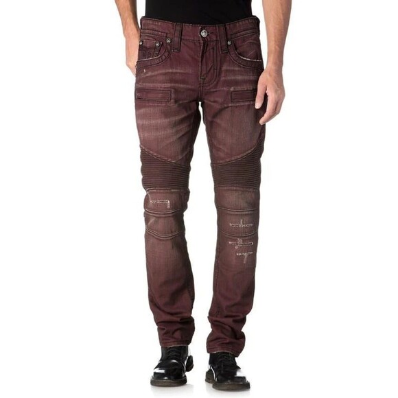 NWT ROCK REVIVAL MEN'S JEANS 42 38 JACK BIKER MOTO BURGUNDY new - Picture 1 of 16